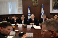 Israel's Prime Minister Benjamin Netanyahu attends the weekly cabinet meeting in his office in Jerusalem