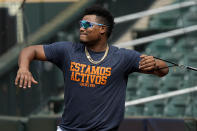 Houston Astros starting pitcher Framber Valdez warms up during batting practice before Monday, Oct. 25, 2021, in Houston, in preparation for Game 1 of baseball's World Series tomorrow between the Houston Astros and the Atlanta Braves. (AP Photo/David J. Phillip)