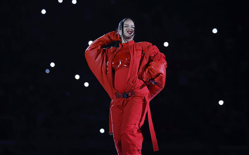 Grammy Award-winning singer Rihanna performs during the Super Bowl LVII halftime show