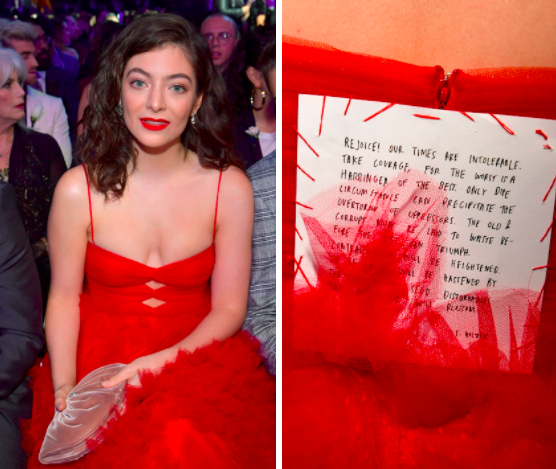 Lorde skipped out on the red carpet at the 2018 Grammy Awards on Sunday night, which is why many might’ve missed the feminist message on her gown. (Photo: Getty Images)