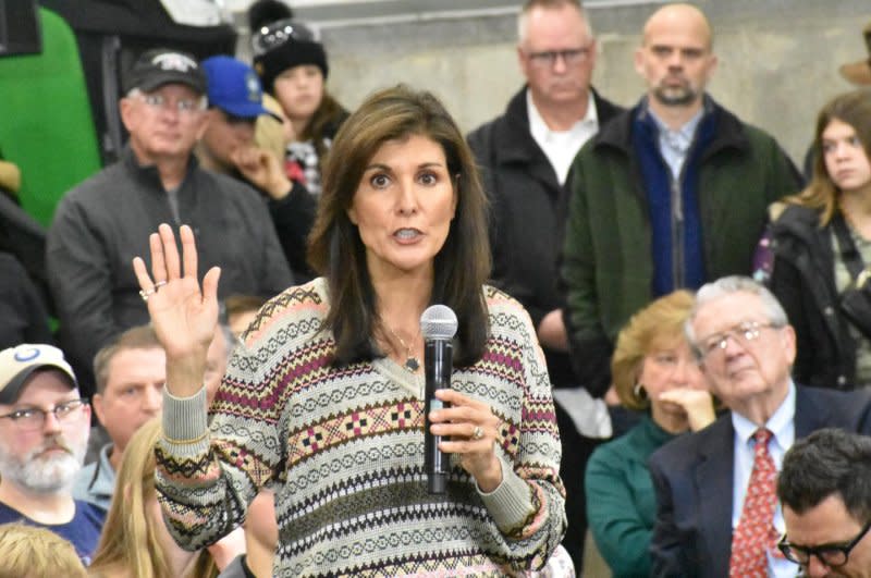 Republican presidential candidate Nikki Haley speaks at a town hall in Waukee, Iowa, on Sunday. Photo by Joe Fisher/UPI