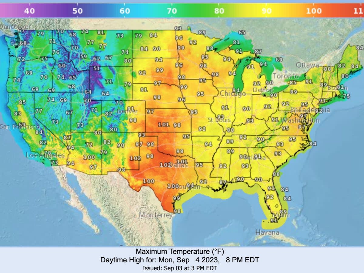 The heatwave expected for central, southern and eastern parts of the US on Labor Day (National Weather Service)