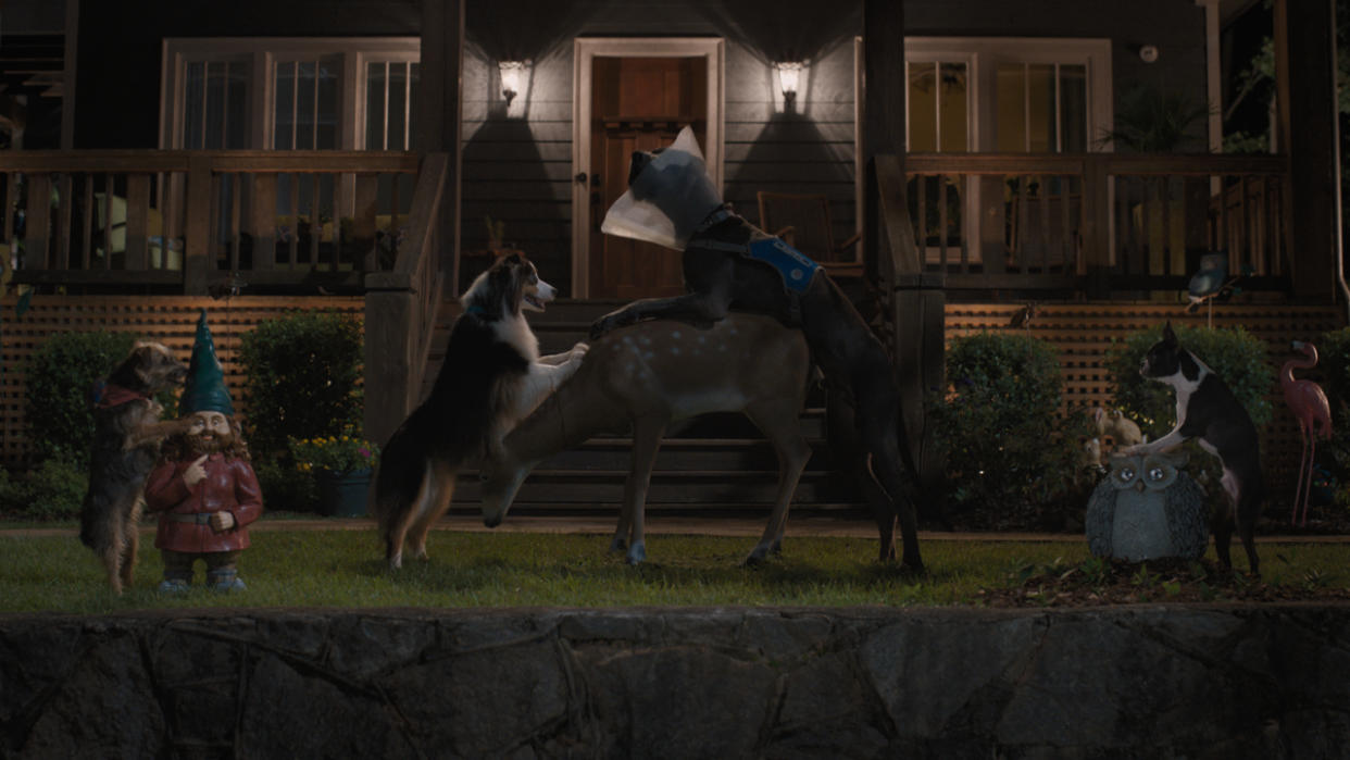  The dogs of Strays humping various lawn ornaments, during a night scene. 