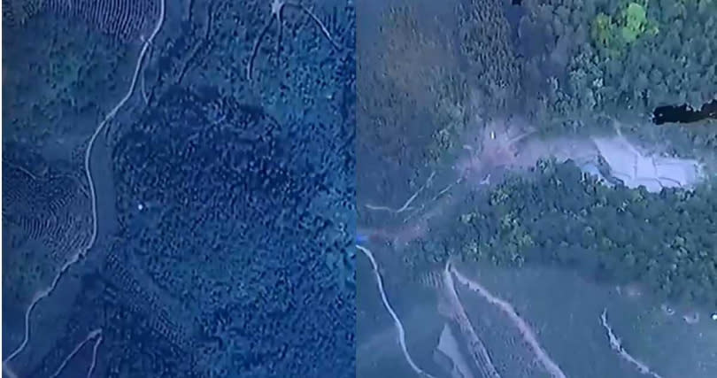 從衛星空拍照可見山區被班機撞出大窟窿。（圖／翻攝自微博）