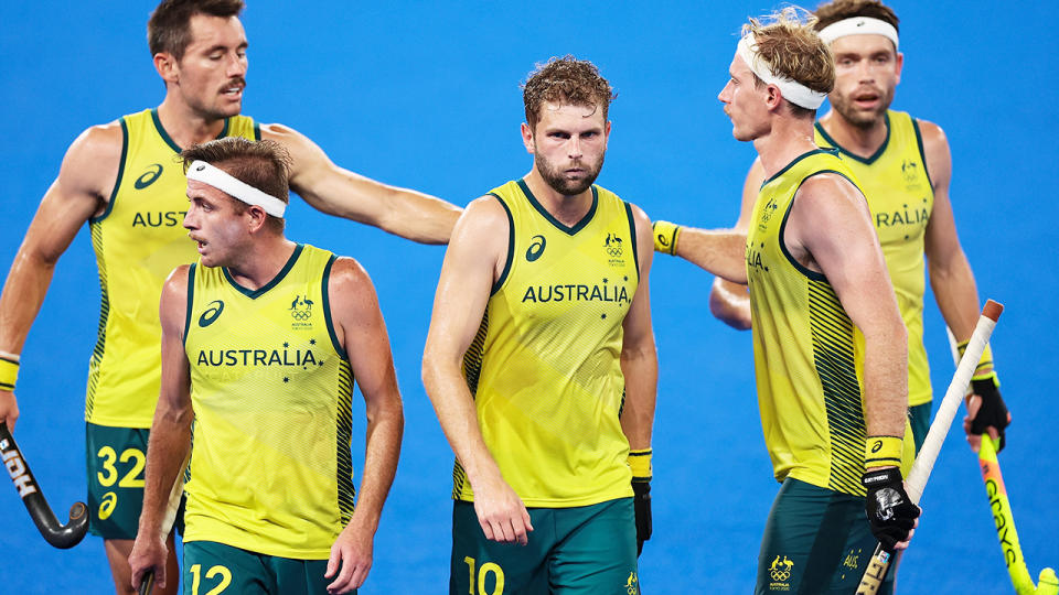 The Kookaburras, pictured here celebrating victory in the semi-finals against Germany.