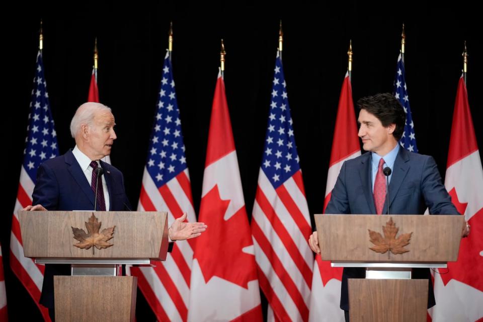 U.S. President Joe Biden speaks during a news conference with Prime Minister Justin Trudeau, Friday, March 24, 2023, in Ottawa.