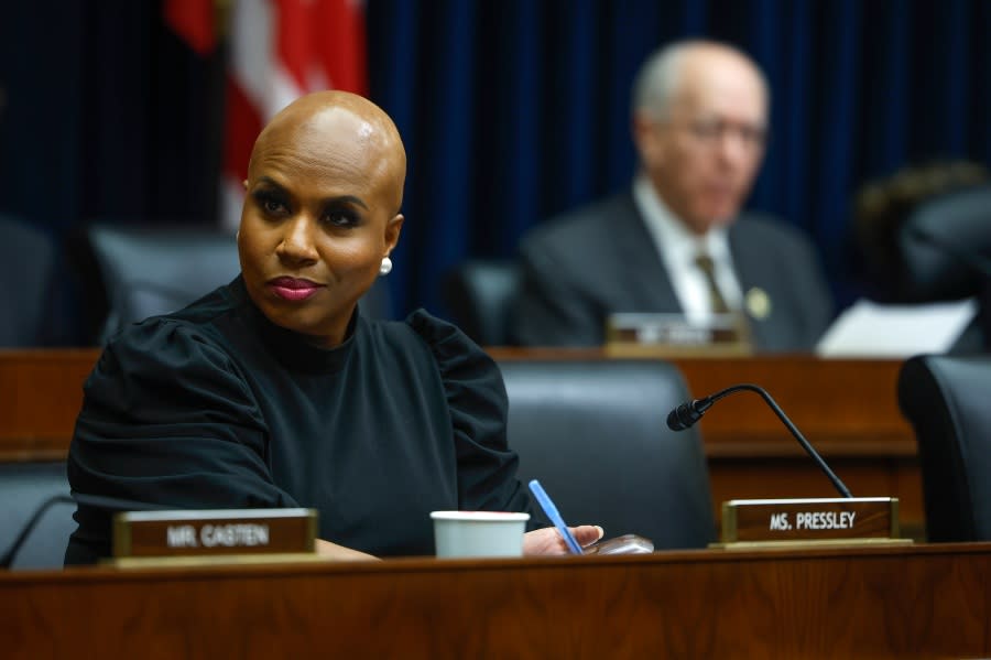 WASHINGTON, DC – MAY 17: U.S. Rep. Ayanna Pressley (D-MA) participates in a House Financial Services Committee Hearing at the Rayburn House Office Building on May 17, 2023 in Washington, DC. The hearing was held to examine the recent failures of Silicon Valley Bank and Signature Bank. (Photo by Kevin Dietsch/Getty Images)