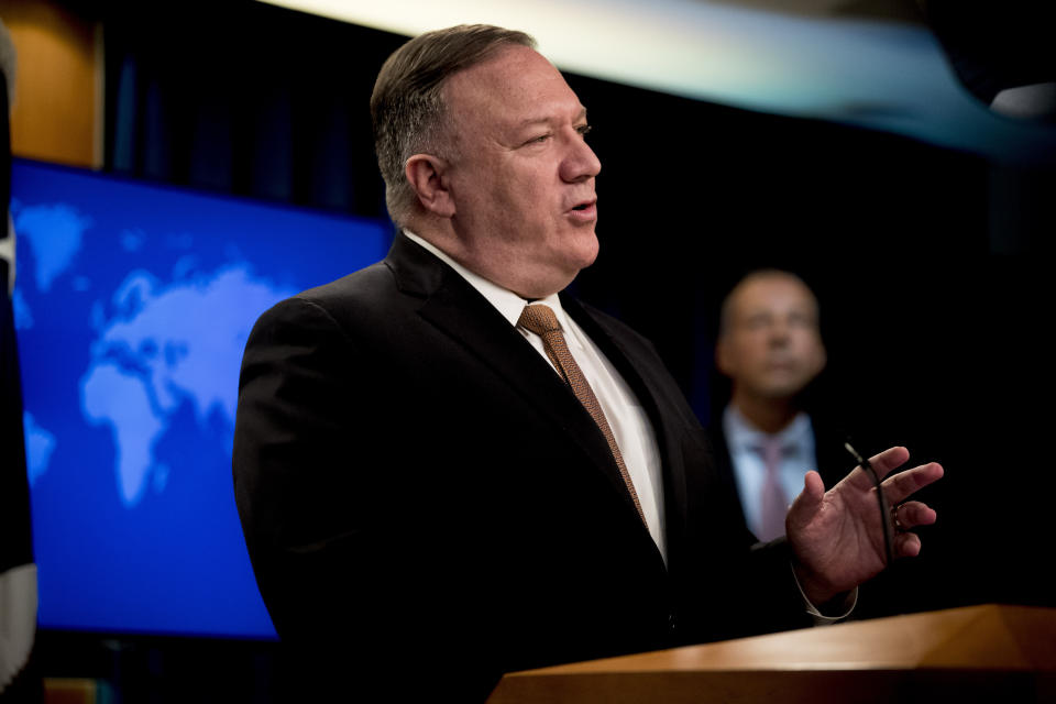 Secretary of State Mike Pompeo speaks during a news conference at the State Department in Washington, Wednesday, July 15, 2020. (AP Photo/Andrew Harnik, Pool)