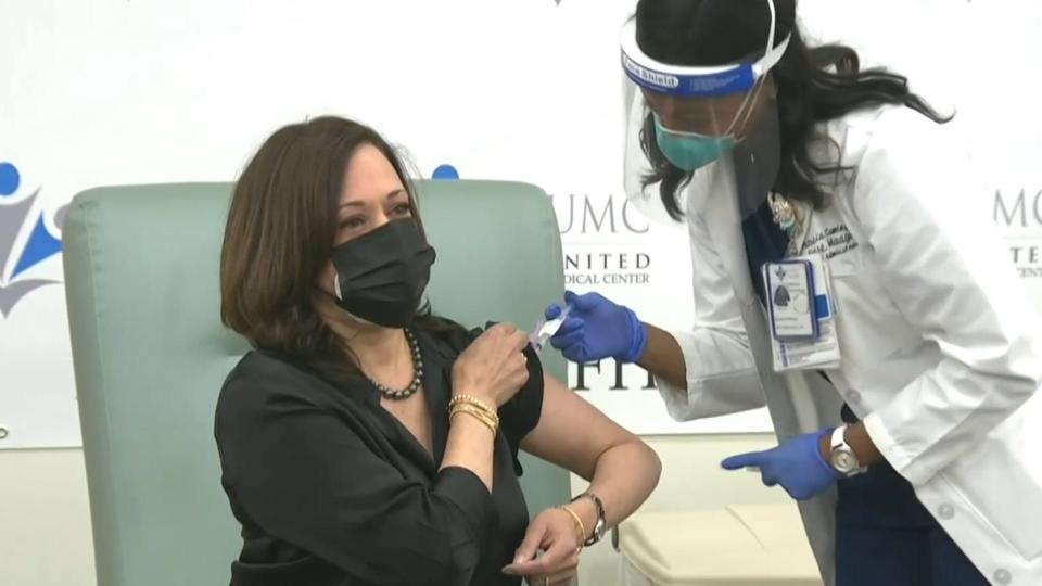 Vice President-elect Kamala Harris received her COVID-19 vaccine along with her husband, Doug Emhoff.