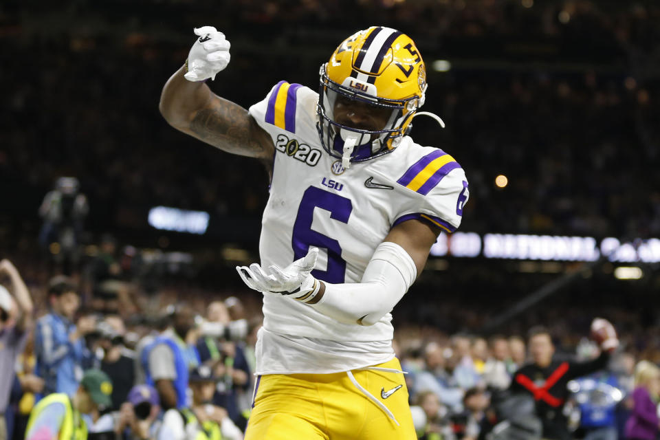 LSU wide receiver Terrace Marshall Jr. celebrates after scoring a touchdown against Clemson during the second half of a NCAA College Football Playoff national championship game Monday, Jan. 13, 2020, in New Orleans. (AP Photo/Gerald Herbert)