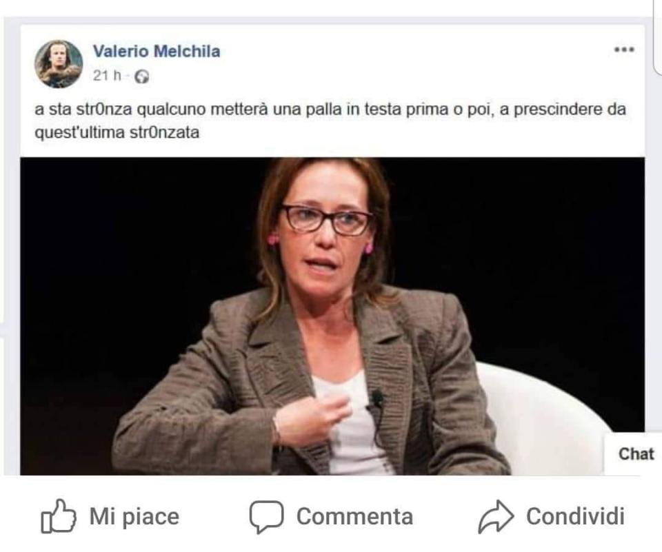 Il post di minacce allegato al messaggio di Ilaria Cucchi. Fonte: Facebook