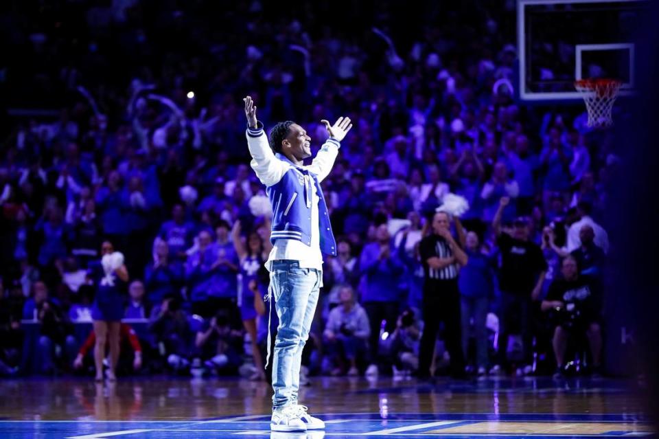 Rajon Rondo was the ceremonial “Y” at Rupp Arena for Kentucky’s game against Kansas on Jan. 28, 2023.