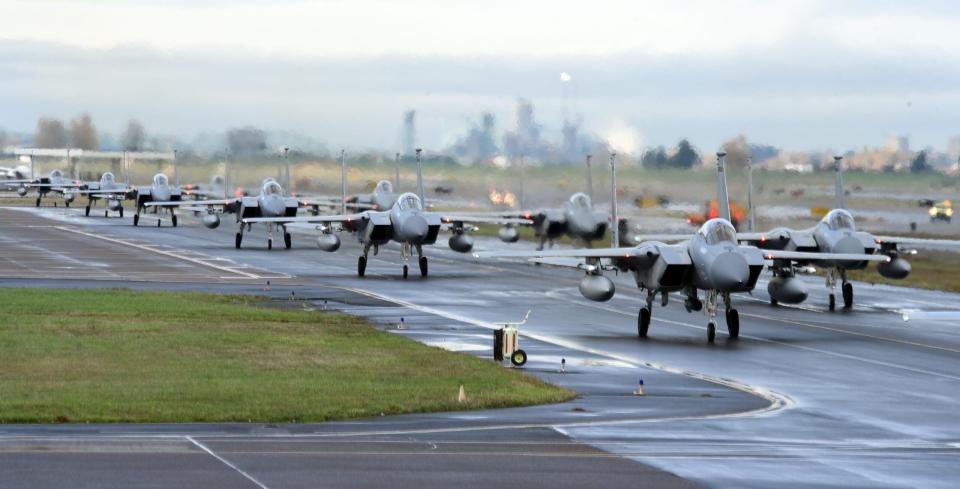 142nd Fighter Wing F-15 Eagles conduct an elephant walk during a combat readiness exercise at Portland Air National Guard Base, Portland, Ore., November 22, 2017. The exercise included 13 F-15s launching after a 24 hour notice. (U.S. Air National Guard photo by Technical Sgt. Emily Thompson)