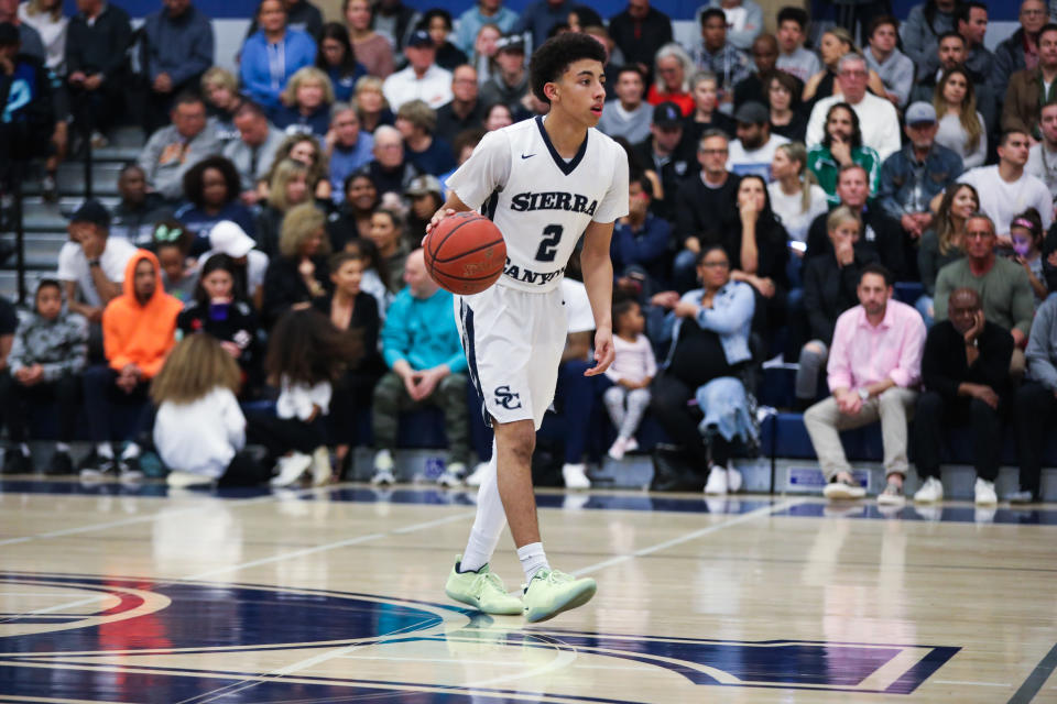 CHATSWORTH, CA - MARCH 09:  Scotty Pippen Jr. #2 of Sierra Canyon handles the ball as Sierra Canyon plays Foothills Christian for the CIF Open Division Playoffs at Sierra Canyon High School on March 9, 2018 in Chatsworth, California.  (Photo by Cassy Athena/Getty Images)