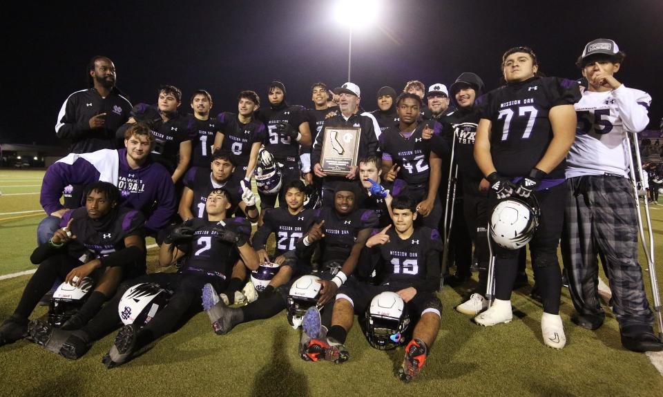 Team photo after the game against Rio Hondo Prep during their CIF State South Division 4-A Football Championship Regional Bowl Game in Tulare, Calif., Saturday, Dec. 2, 2023. Mission Oak won the game 29-14.