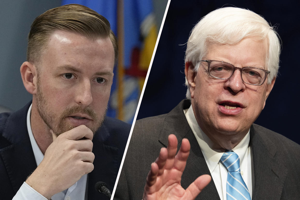 Oklahoma State Superintendent Ryan Walters and radio host Dennis Prager. (Sue Ogrocki/AP, Michael Brochstein/SOPA Images/LightRocket via Getty Images)
