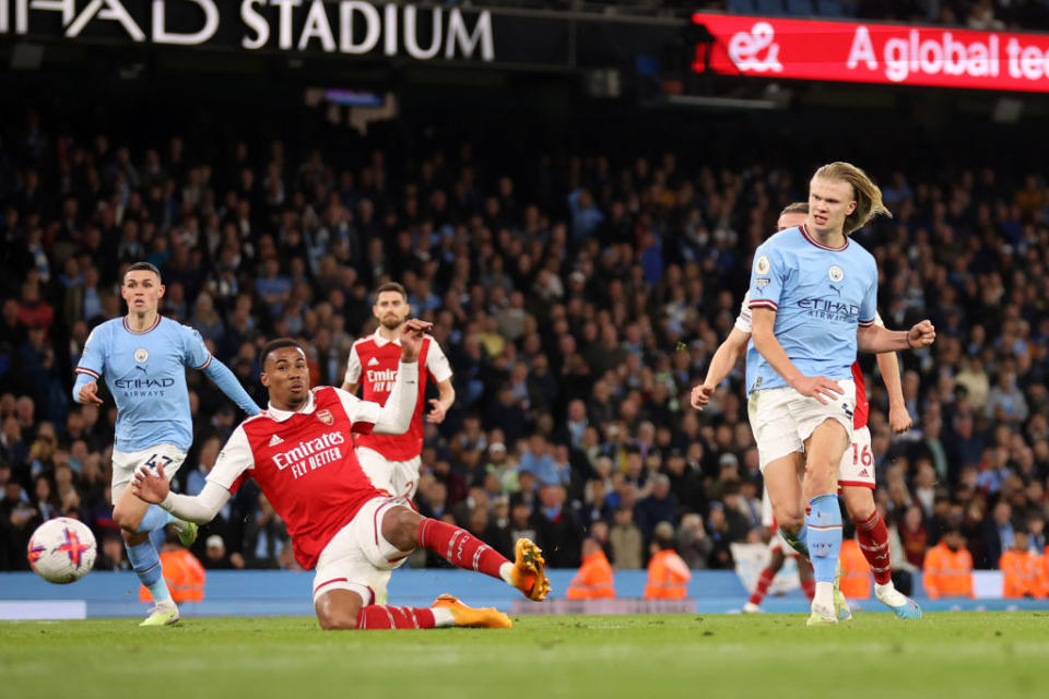 Erling Haaland scores against Arsenal