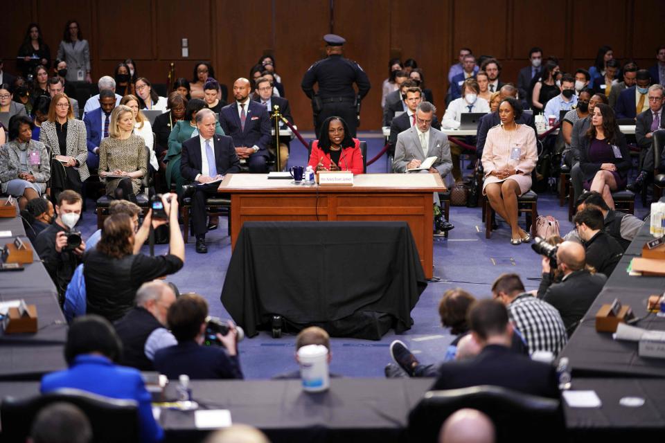 Judge Ketanji Brown Jackson testifies on her nomination to become an Associate Justice of the US Supreme Court during a Senate Judiciary Committee confirmation hearing on Capitol Hill in Washington, DC, March 22, 2022.