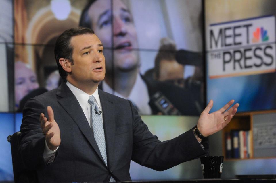 Senator Ted Cruz (R-TX) appears on "Meet the Press" in Washington in this September 29, 2013 handout photo courtesy of NBC News. Cruz is pointing the finger at Senate Majority Leader Harry Reid, telling NBC's Meet the Press that Reid is forcing a government shut down because he refuses to negotiate on the Affordable Care Act, known as "Obamacare." REUTERS/William B. Plowman/NBC News/Handout via Reuters