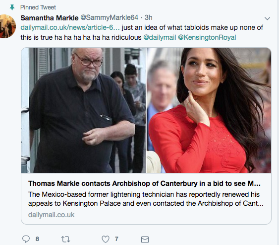 Samantha Markle tweeted that the reports were “made up” (Twitter/@SammyMarkle64)