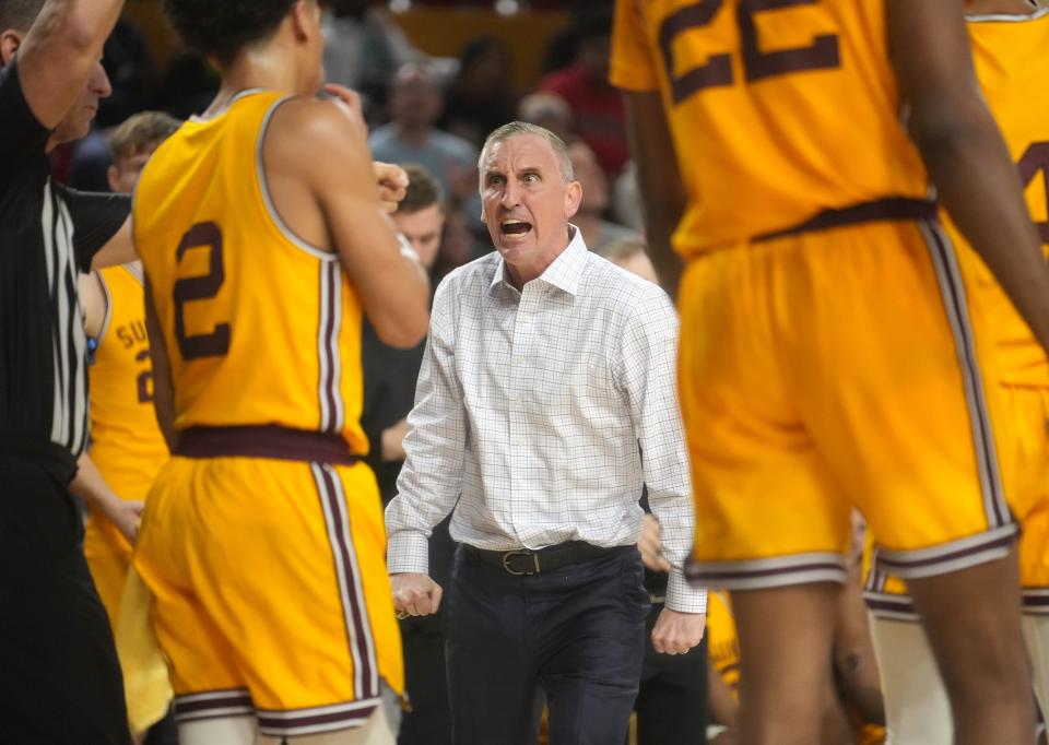 ASU Sun Devil head coach Bobby Hurley yells at the referee as they take on the USC Trojans at Desert Financial Arena in Tempe on Jan. 21, 2023.