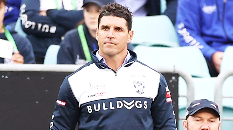 Trent Barrett (pictured) looking frustrated on the sideline during a Bulldogs match.