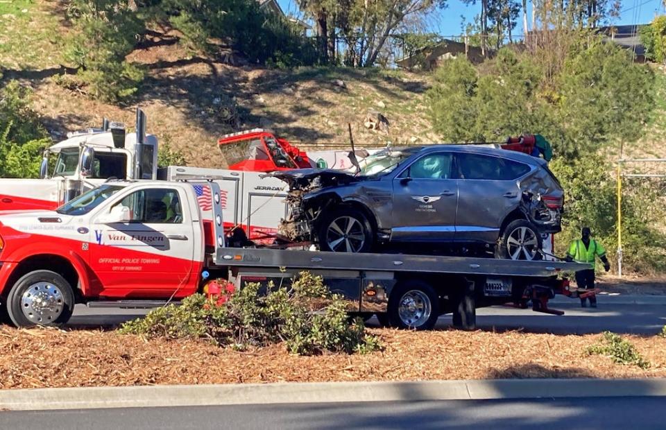 The vehicle driven by Tiger Woods in the 2021 crash on the back of a truck in Los Angeles (Keiran Southern/PA) (PA Wire)