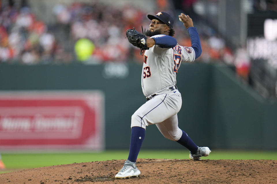 Houston Astros starting pitcher Cristian Javier throws to the Baltimore Orioles in the second inning of a baseball game, Wednesday, Aug. 9, 2023, in Baltimore. (AP Photo/Julio Cortez)