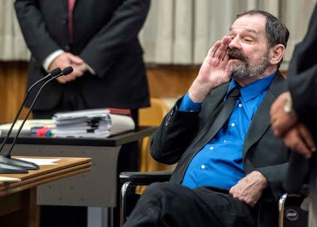 Frazier Glenn Cross, also known as Glenn Miller, reacts after being found guilty of three counts of capital murder in Johnson County Courthouse in Olathe, Kansas, August 31, 2015. REUTERS/Alison Long/Kansas City Star/Pool