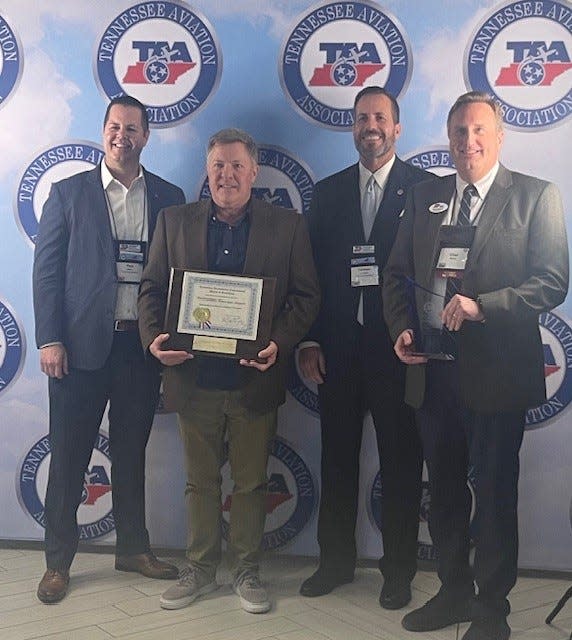 (Left) Paul Myers, Murfreesboro Airport Commission member, Steve Waldron, Airport Commission Chair, Cannon Loughry, Airport Commission Vice Chair, Chad Gehrke, Airport Director photographed after receiving awards at the Tennessee Aviation Association annual Tennessee Airports Conference, March 5.