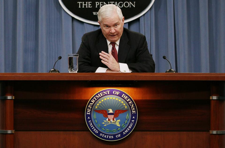 ARLINGTON, VA - FEBRUARY 14: Defense Secretary Robert Gates speaks about the Defense Department's FY2012 Budget request during a briefing at the Pentagon on February 14, 2011 in Arlington, Virginia. The Pentagon proposed a reduced defense budget for the first time since the September 11 attacks as U.S. President Barack Obama released his FY2012 Budget proposal. (Photo by Mark Wilson/Getty Images)