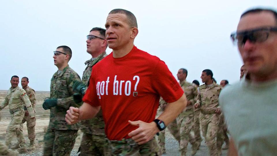 Command Sgt. Maj. Michael Grinston on a run with U.S. and Iraqi soldiers while serving with the 1st Infantry Division in Iraq in 2015. (Army)
