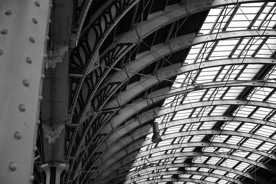 Paddington station roof in black and white