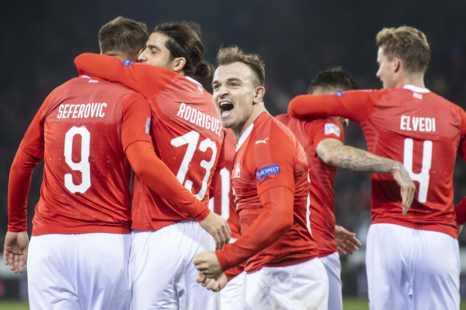 Switzerland's Xherdan Shaqiri celebrates during the UEFA Nations League soccer match between Switzerland and Belgium at the swissporarena stadium in Lucerne, Switzerland, on Sunday, Nov. 18, 2018. (Ennio Leanza/Keystone via AP)