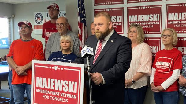 PHOTO: Ohio Republican congressional candidate J.R. Majewski defends his military record at a news conference on Sept. 23, 2022, in Holland, Ohio. (John Seewer/AP)