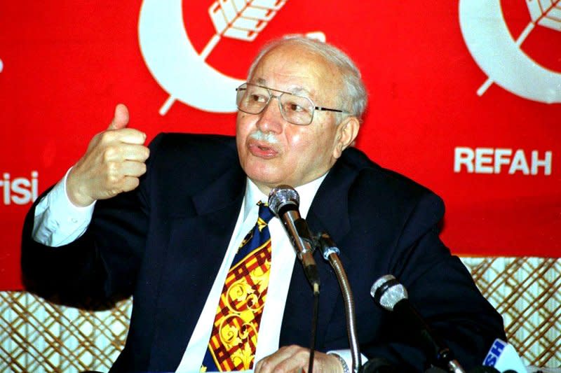 On June 18, 1997, Turkish Prime Minister Necmettin Erbakan, pictured in 1988, resigned under pressure after his governing coalition lost its majority in Parliament. File Photo by Tarik Tinazay/EPA