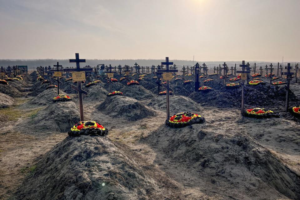 Graves of Russian Wagner mercenary group fighters are seen in a cemetery near the village of Bakinskaya in Krasnodar region, Russia, on January 22, 2023.