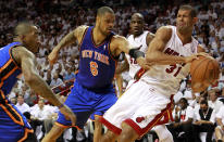 MIAMI, FL - MAY 09: Center Tyson Chandler #6 of the New York Knicks has the ball stolen by Forward Shane Battier #31 of the Miami Heat in Game Five of the Eastern Conference Quarterfinals in the 2012 NBA Playoffs on May 9, 2012 at the American Airines Arena in Miami, Florida. NOTE TO USER: User expressly acknowledges and agrees that, by downloading and or using this photograph, User is consenting to the terms and conditions of the Getty Images License Agreement. (Photo by Marc Serota/Getty Images)