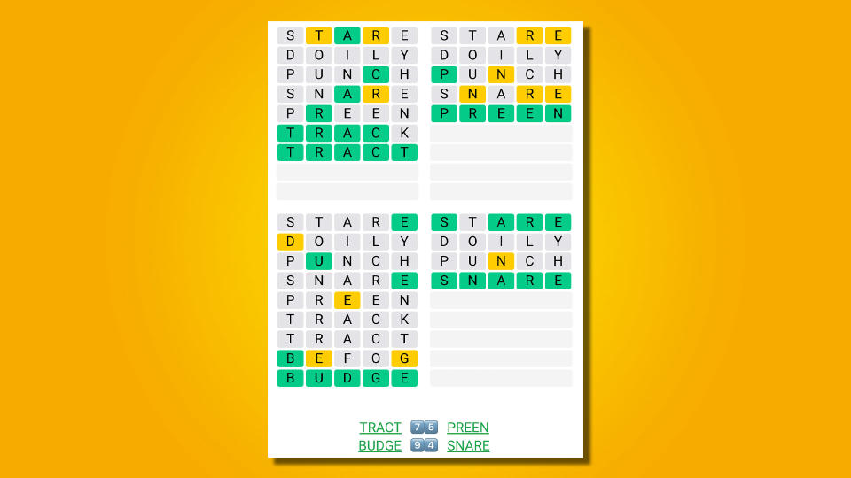 Quordle answers for game 474 on a yellow background