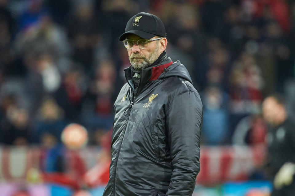 MUNICH, GERMANY - MARCH 13: head coach Juergen Klopp of Liverpool looks on during the UEFA Champions League Round of 16 Second Leg match between FC Bayern Muenchen and Liverpool at Allianz Arena on March 13, 2019 in Munich, Germany. (Photo by TF-Images/Getty Images)