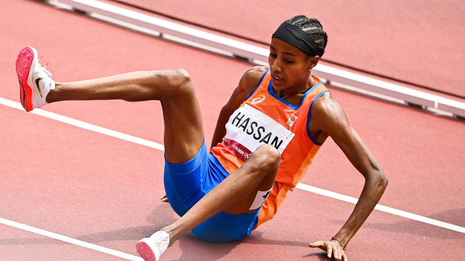 Sifan Hassan of the Netherlands falls while competing in the women's 1500m. (Photo by Andy Astfalck/BSR Agency/Getty Images)