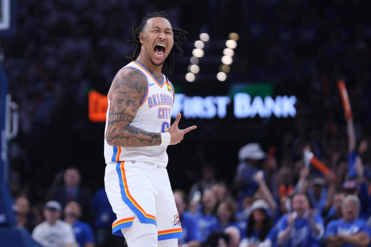 Oklahoma City Thunder forward Jaylin Williams (6) celebrates after a 3-pointer during Game 1 of the Western Conference semifinals NBA playoff game between the Oklahoma City Thunder and the Dallas Mavericks at Paycom Center in Oklahoma City, Tuesday, May 7, 2024.