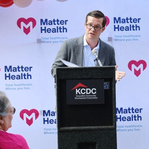 Ben Bentley, KCDC’s CEO and Executive Director, speaks to the audience at the ribbon cutting for Matter Health’s wellness center for residents of Love Towers. July 6, 2023