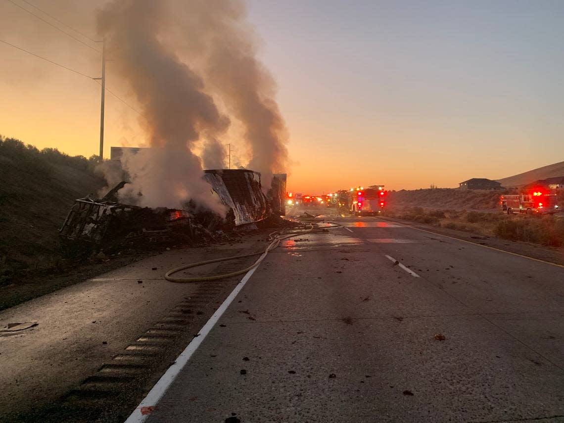 A pickup truck driven the wrong direction on westbound Interstate 82 near Richland Sunday morning crashed head on into a semi, according to the Washington State Patrol.