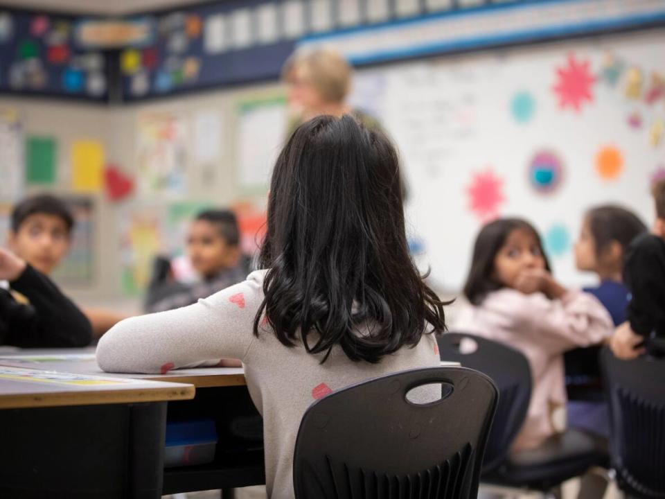 A student is pictured at an elementary school in Surrey, B.C. Teachers in the district are asking for more specialist teachers to help deal with 
