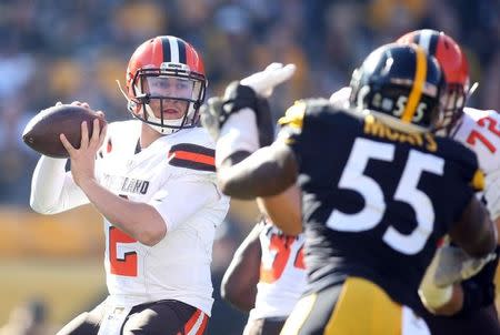 Nov 15, 2015; Pittsburgh, PA, USA; Cleveland Browns quarterback Johnny Manziel (2) looks to pass against the Pittsburgh Steelers during the first quarter at Heinz Field. Mandatory Credit: Charles LeClaire-USA TODAY Sports