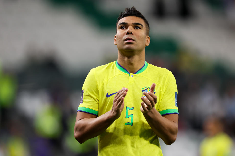AL RAYYAN, QATAR - DECEMBER 09: Casemiro #5 of Brazil thanks the fans after the FIFA World Cup Qatar 2022 quarter final match between Croatia and Brazil at Education City Stadium on December 09, 2022 in Al Rayyan, Qatar. (Photo by Zhizhao Wu/Getty Images)