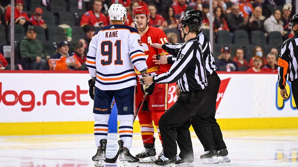 Matthew Tkachuk and Evander Kane went at it all game long during Calgary's 9-6 win in Game 1. (Getty Images)