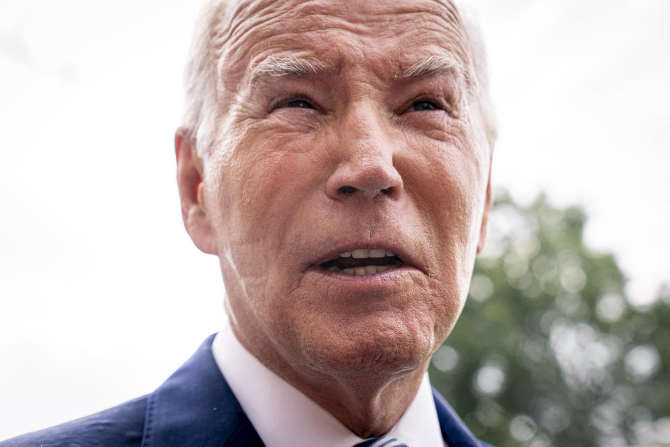 President Joe Biden speaks with members of the media before boarding Marine One on the South Lawn of the White House in Washington, Wednesday, June 28, 2023, for a short trip to Andrews Air Force Base, Md., and then on to Chicago. Biden has started using a continuous positive airway pressure, or CPAP, machine at night to help with sleep apnea, the White House said Wednesday after indents from the mask were visible on his face. (AP Photo/Andrew Harnik)