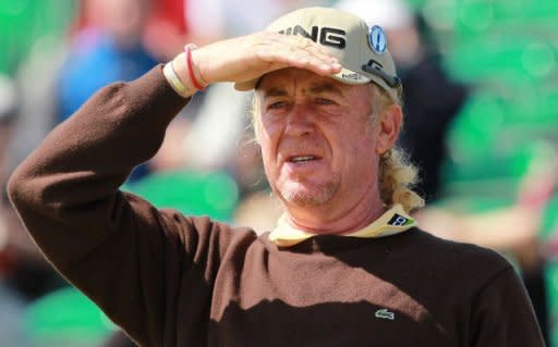 Miguel Angel Jimenez of Spain looks on from the 5th tee during a practice round for the 2012 British Open Golf Championship at Royal Lytham & St Anne's in Lytham, north-west England, ahead of the Open Championship which begins on July 19